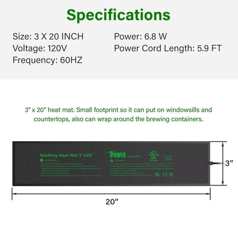 Paquet de 2 tapis chauffants pour ensemencement de 3 po x 20 po avec bouton réglable de la température du thermostat, coussin de démarrage de germination de plantes hydroponiques chaudes et chaudes, noir