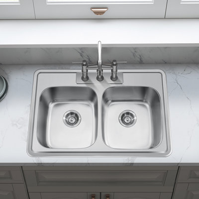 Stainless Steel 33" L x 22" W Drop In/Top Mount Kitchen Sink Double Bowl Stainless Steel Sink