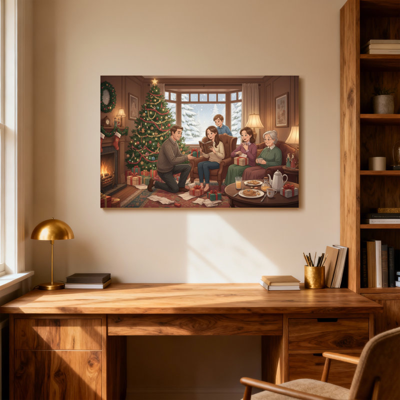 Scène chaleureuse et familiale de Noël, H 16 po x l 24 po