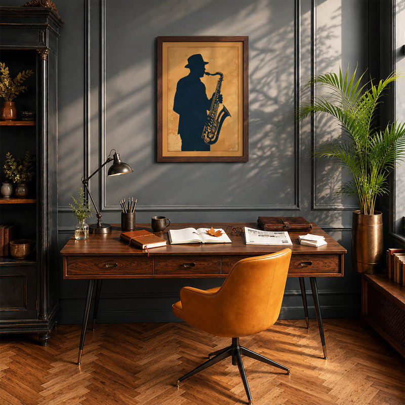 Saxophonist in Profile Retro - Framed Print, Walnut, A1 - 84.1 x 59.4 cm