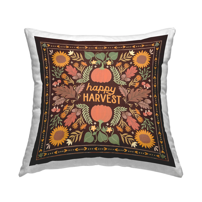 Coussin décoratif imprimé Happy Harvest on Brown par Laura Marshall