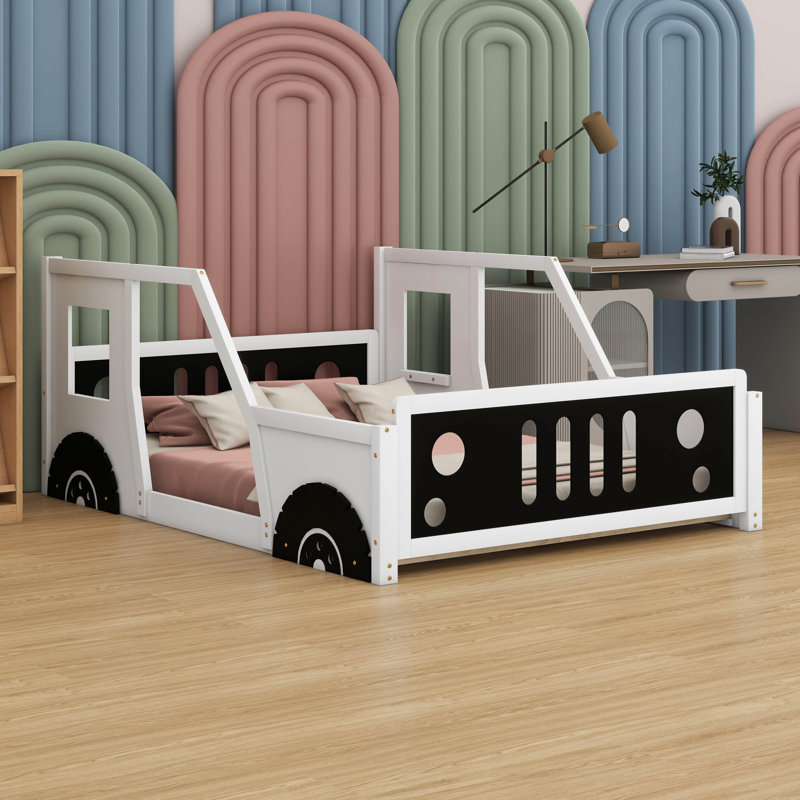 Lit plateforme en bois pour voiture, lit double classique en forme de voiture avec roues et support à lattes, Blanc