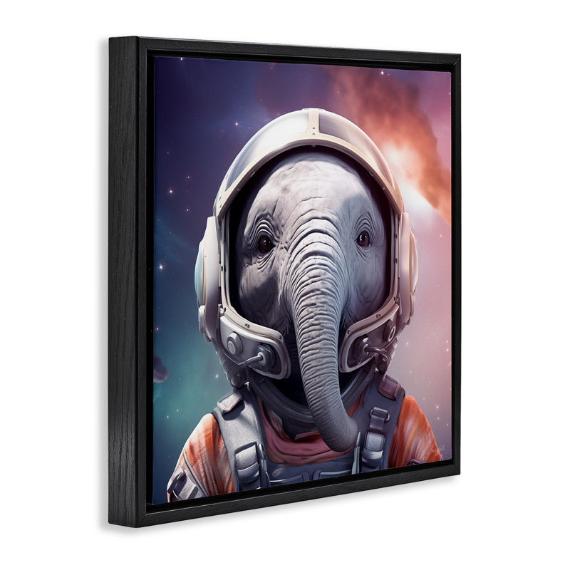 Portrait d'astronaute éléphant, H 18 po x l 18 po, Cadre flottant noir de jais
