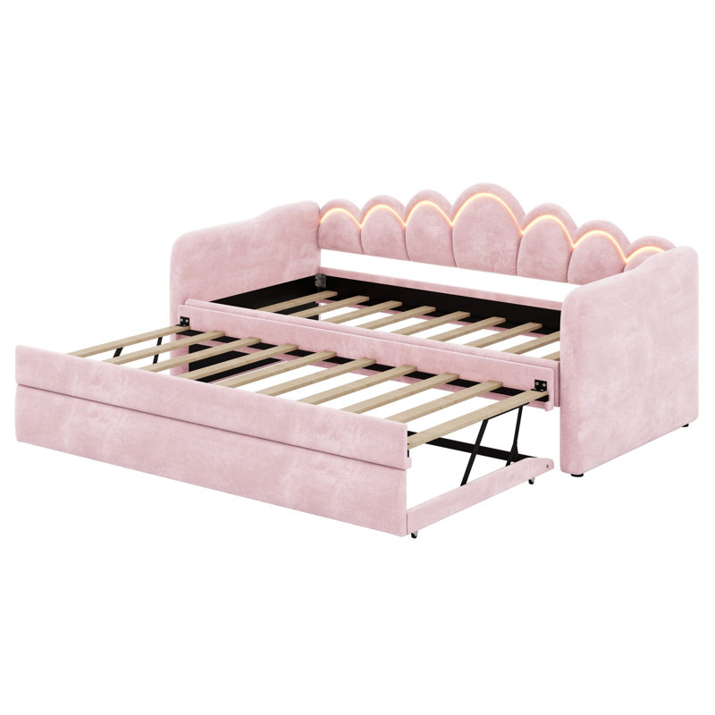 Contemporary Upholstered Daybed & Trundle with LED Lights, Pink