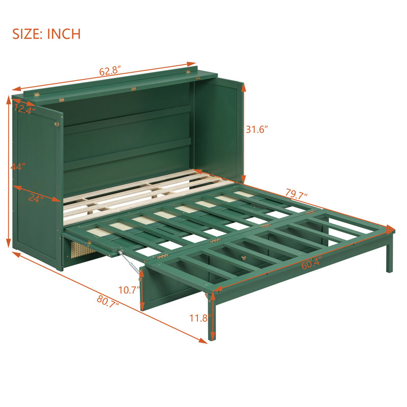 Queen Murphy Bed with Large Drawers,Green