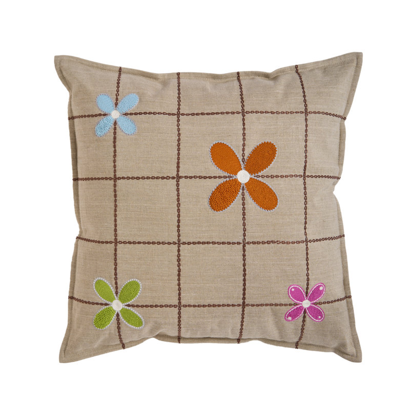 Grid & Flowers Pillow Cover 20x20 Inch, Beige;Brown