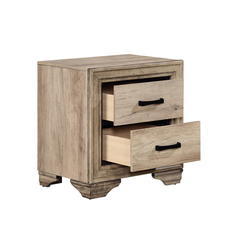 Table de chevet pour chambre à coucher avec 2 tiroirs - Finition en stratifié naturel et surface de la table d'appoint avec glissières en métal