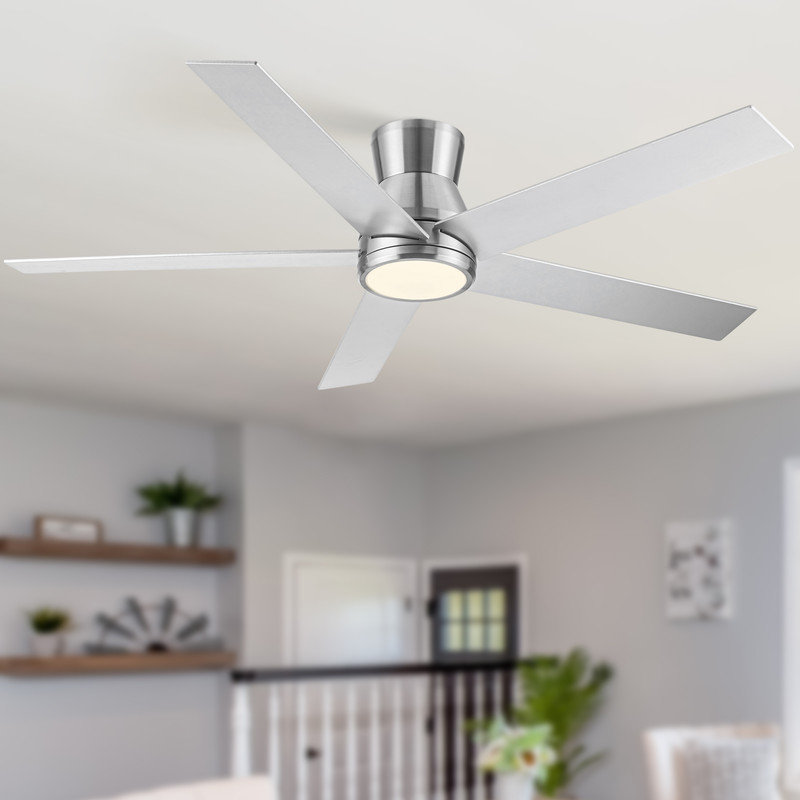 Ventilateur de plafond encastré à DEL avec pales mates 52 po Bauhaus, Nickel brossé, Blanc