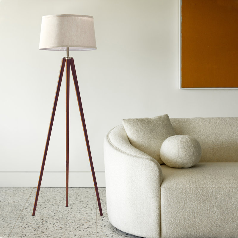 Emma 61 in. Mid-Century Modern LED Energy-Efficient Floor Lamp with Fabric Drum Shade and Tripod Wooden Legs, Brown