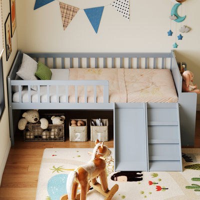 Bed Frame With Storage Shelf, Wooden Bed With Slide And Ladder, Guardrail