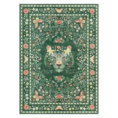 Tiger Print Machine Washable Rug Vintage Floral Soft Non-Slip Non-Shedding Low Pile Carpet for Living Room Bedroom Kitchen Dining Room