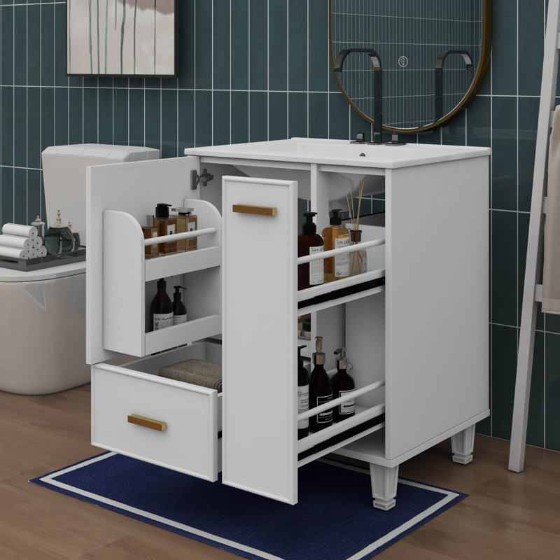 Meuble-lavabo de 24 po avec évier - offre un support de porte et un panier à deux niveaux, Blanc