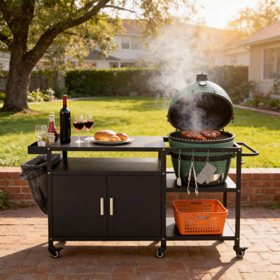 Outdoor Grill Cart For Big Green Egg With Storage Box And Trash Rack