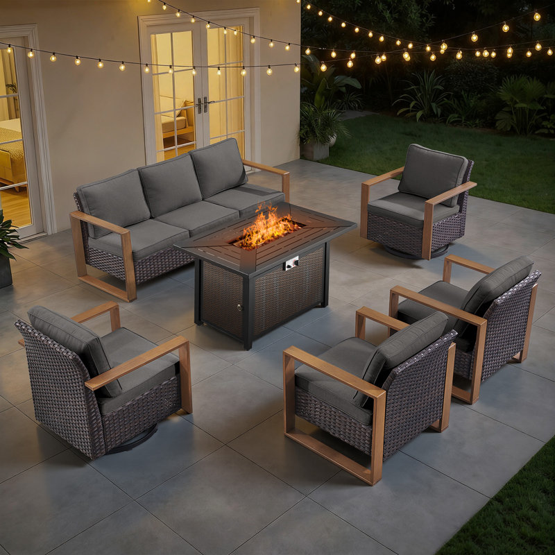 Drazen 7 - Person Patio Furniture Set With Fire Pit Table, All-Weather Wicker Outdoor Conversation Set With Chair And Thick Cushions