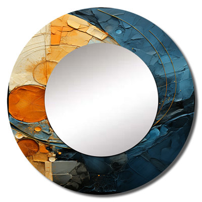 Gold Teal Abstract Spirals I - Abstract Spirals Decorative Mirror, Modern Round Wall Mirror, Printed Metal Art