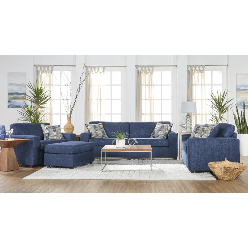 85" Upholstered Contour Sofa with Gio Batik Blue Pillows