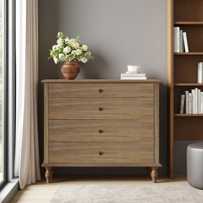 Large 4-Drawer Chest With Solid Wood Foot, Dresser With Brushed & Metal Drawer Knobs, Antique Design For Bedroom
