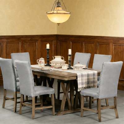 7-piece Mid-century Extendable Solid Wood Dining Set With 12" Leaf & Upholstered Chairs, Golden Brown + Gray
