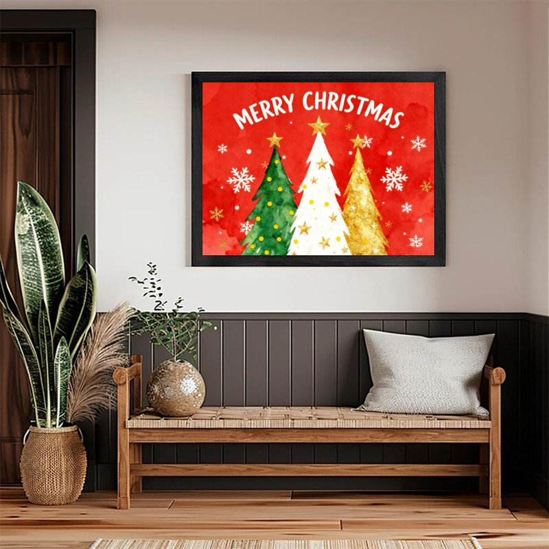 Cadre noir, aquarelle, arbre de Noël, neige, art mural, décoration festive, cadre, H 25 po x l 37 po