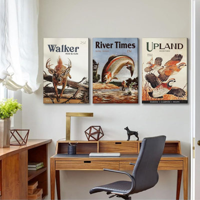 3Pcs Retro Hunting Canvas Wall Art Outdoorsy Wild Animal Wall Decor Pictures Nature Wilderness Deer Wild Duck Fishing Posters Prints Gift Send Hunter Dad For Farmhouse Living Room Bedroom Decoration