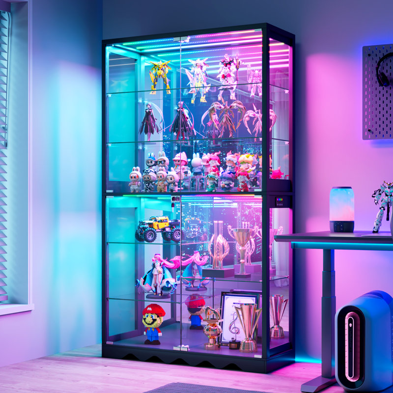 72.8" H Glass Door Display Case, Multi-Level Storage Cabinet With Rgb Lighting & Human Body Sensors, Black