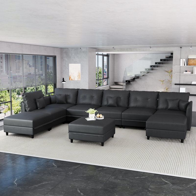 Zendajas 9 - Piece Upholstered Sectional Reversible Modular Corner Sectional with Ottoman, Black Faux Leather