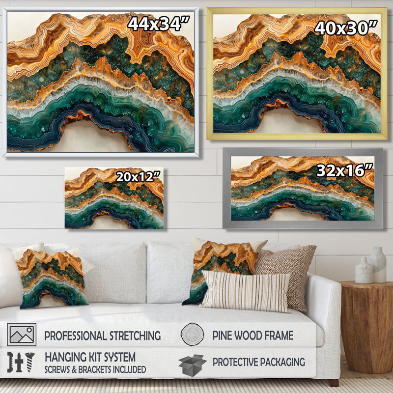 Agate et pierre émeraude dans la glissade en bois I - Agate, art mural, H 28 po x l 60 po, Toile tendue sur cadre