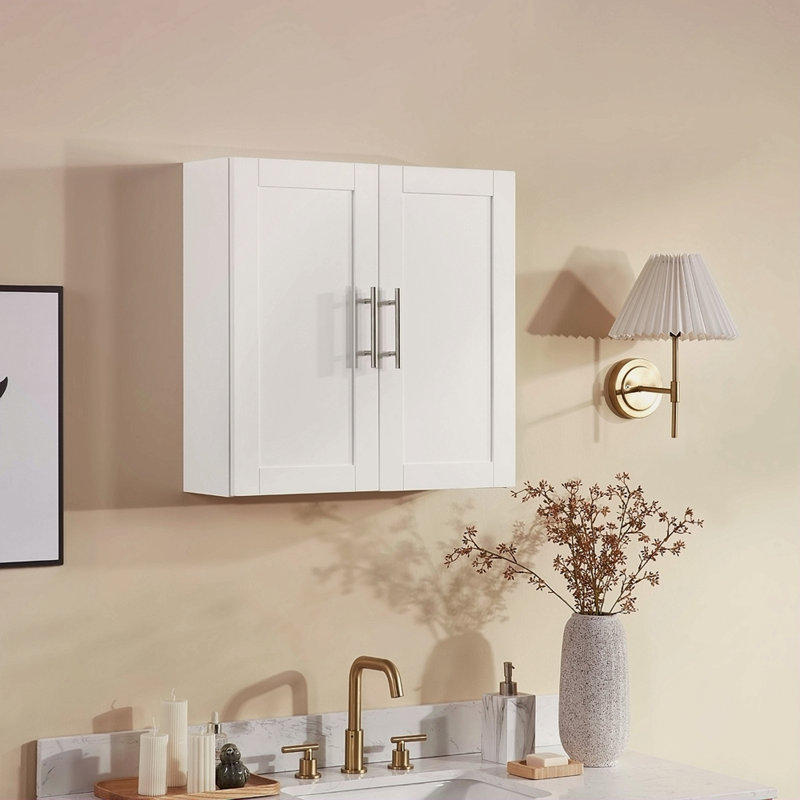 Armoire suspendue en bois avec portes et tablettes, Blanc