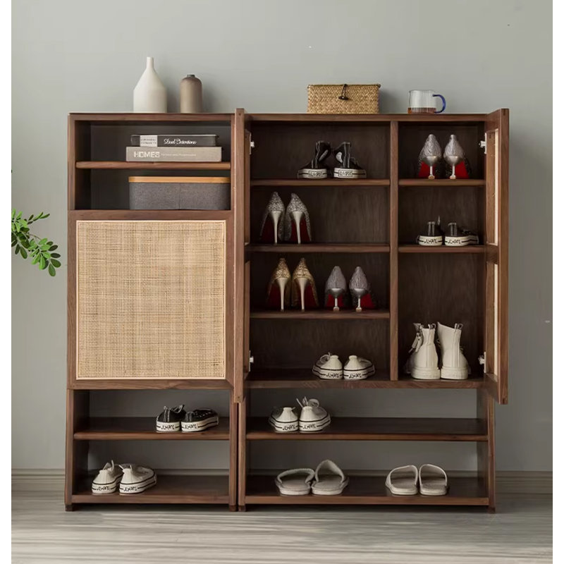 Large-capacity solid black walnut rattan shoe cabinet