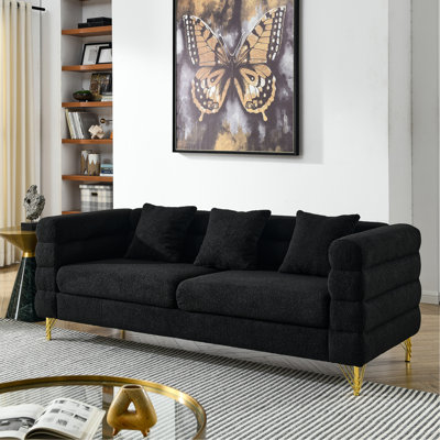 Canapé d'angle 3 places, 206 cm - Design moderne, tissu noir avec coussins, pour une décoration intérieure élégante et confortable.