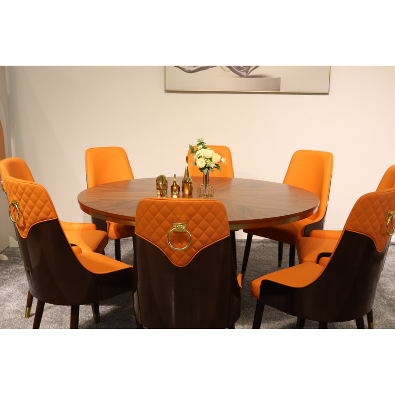 Vogue Lux Orange 61" Round Dining Set, Orange, 9 Pieces: Table, 8 Chairs, 31" H x 61" W x 61" D