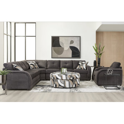 5-Piece Living Room Set With Queen Sleeper Sectional, Chair, And Round Ottoman In Cruiser Earth/Zeke Thunder