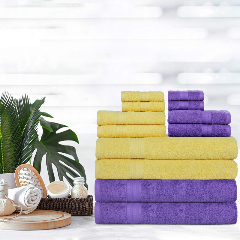100% Cotton Bathroom Towel Set of 12 Absorbent Soft Plush Fast Drying, Purple/Yellow