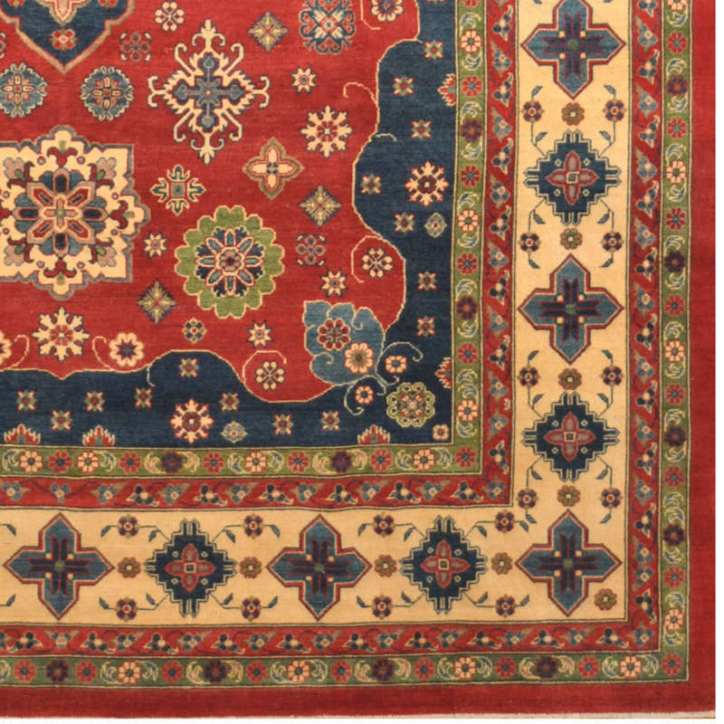 Tapis unique en laine noué à la main de style Kazak rouge / bleu / beige de 9 pi 10 po x 14 pi Jevon