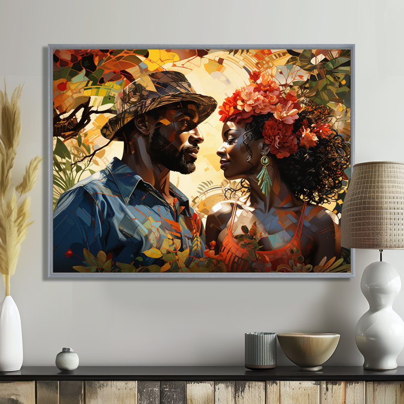 «African Couple Resilient I» - Art mural américain africain, H 12 po x l 20 po x P 1 po, Encadrement argenté