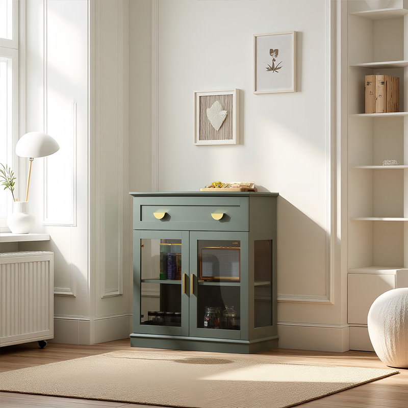 Elegant Small Buffet Cabinet With Led Lights - Space-saving Small Sideboard With Adjustable Shelf, Glass Doors & Drawer - Modern Kitchen Storage For Coffee, Cups & Essentials