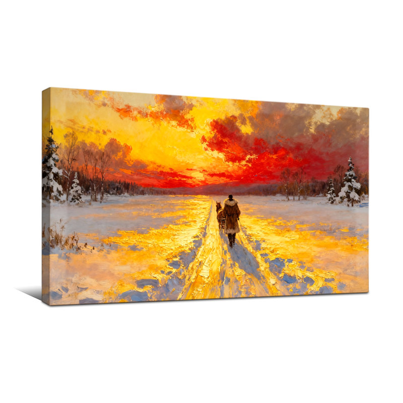 Noël, hiver, coucher de soleil, chemin enneigé, homme, chien, H 16 po x l 32 po