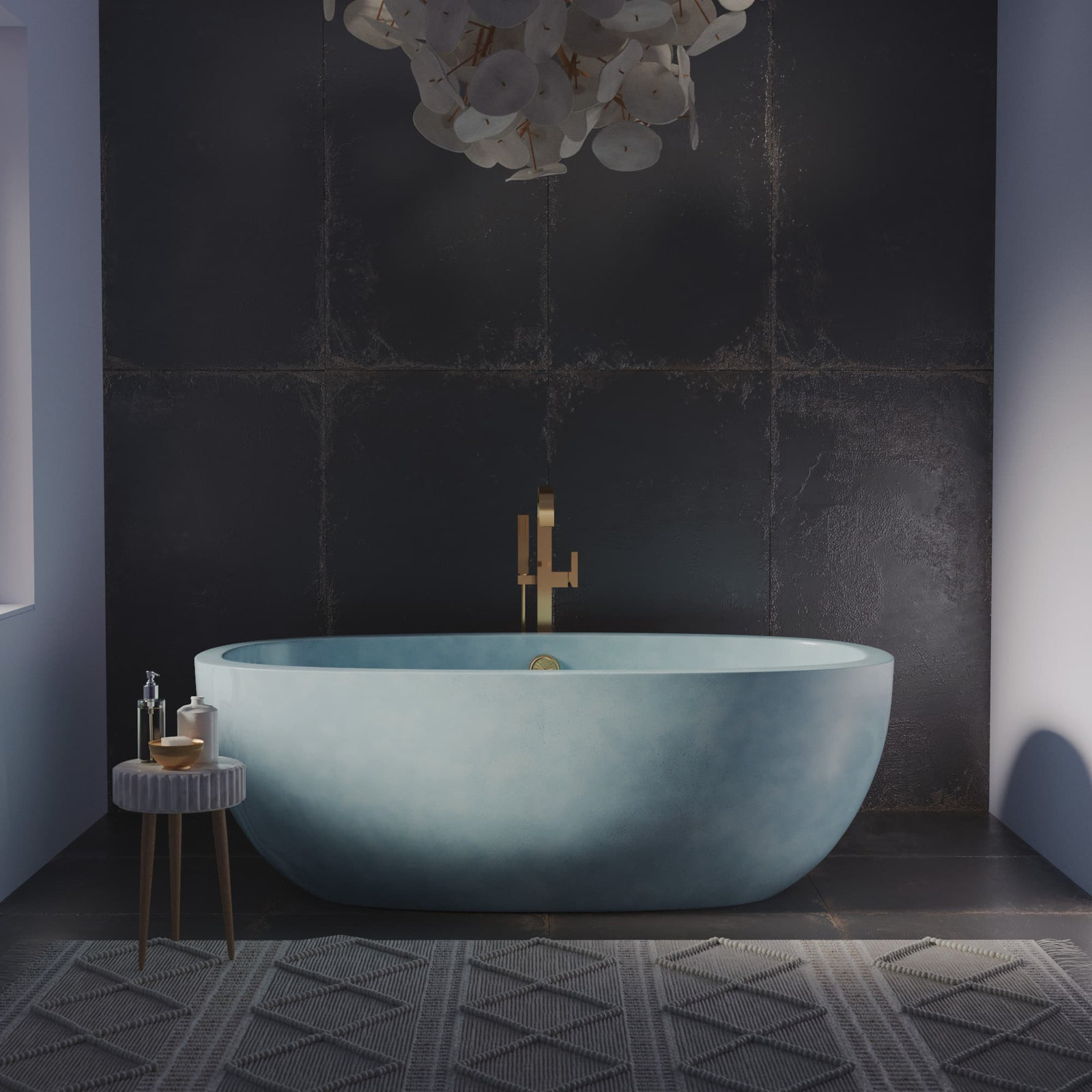 Avalon NativeStone Concrete Freestanding Oval Soaking Bathtub, 21" H x 36" W x 62" L, Ocean
