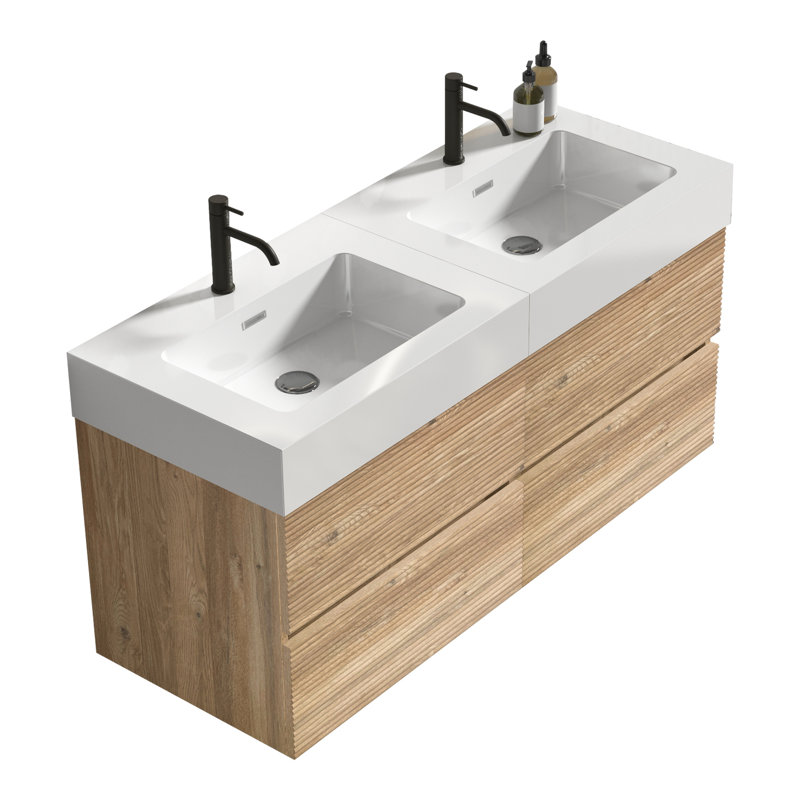 Meuble-lavabo mural de 48 po de dimension Mid-Century, lavabo une pièce, poignée dissimulée, laque E0 pour meuble-lavabo résistant à l'eau avec lavabo à quartz blanc, tiroirs doubles flottants,