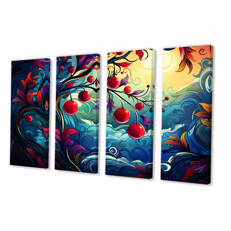 «Cherry Tree Red and Blue Sunset - Cherry», art mural 4 pièces, H 28 po x l 48 po