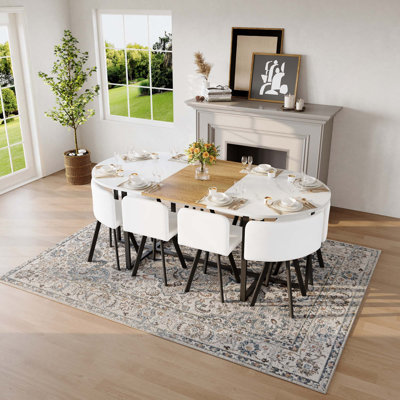 9PCS Modern Oval Dining Table Set, Fixed White Faux Marble & Wood Grain Triamine Top Dining Table With 8 PU Leather Chairs
