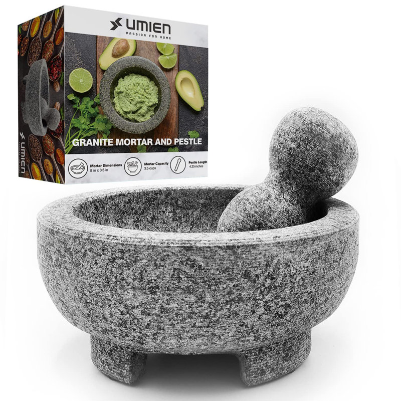 6-Inch Gray Granite Molcajete with Pestle for Grinding and Mashing
