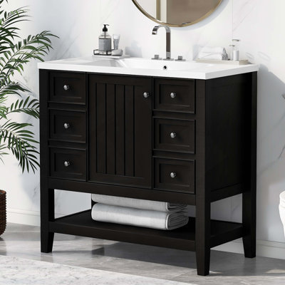 Meuble-lavabo 36 po avec lavabo, une armoire et trois tiroirs, panneau de bois massif et panneau de fibres à densité moyenne