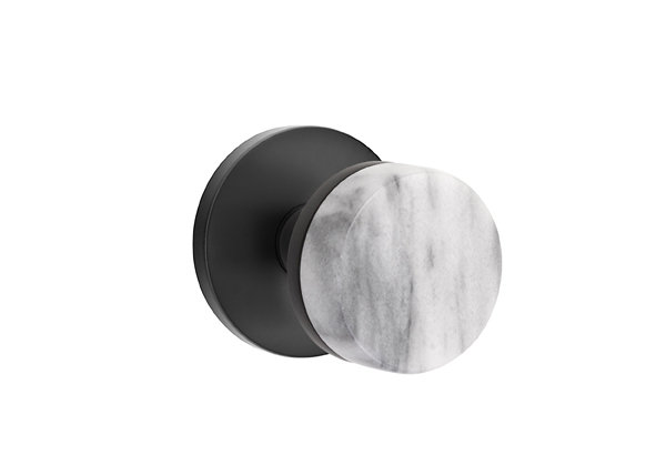 Ensemble de boutons de confidentialité Emtek Select, rosette à disque, tige conique, bouton en marbre blanc, CF, Dos plat