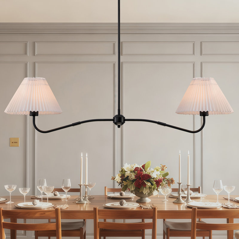 Luminaire suspendu linéaire 2 lumières avec abat-jour en tissu plissé et doublure en PVC, Noir mat