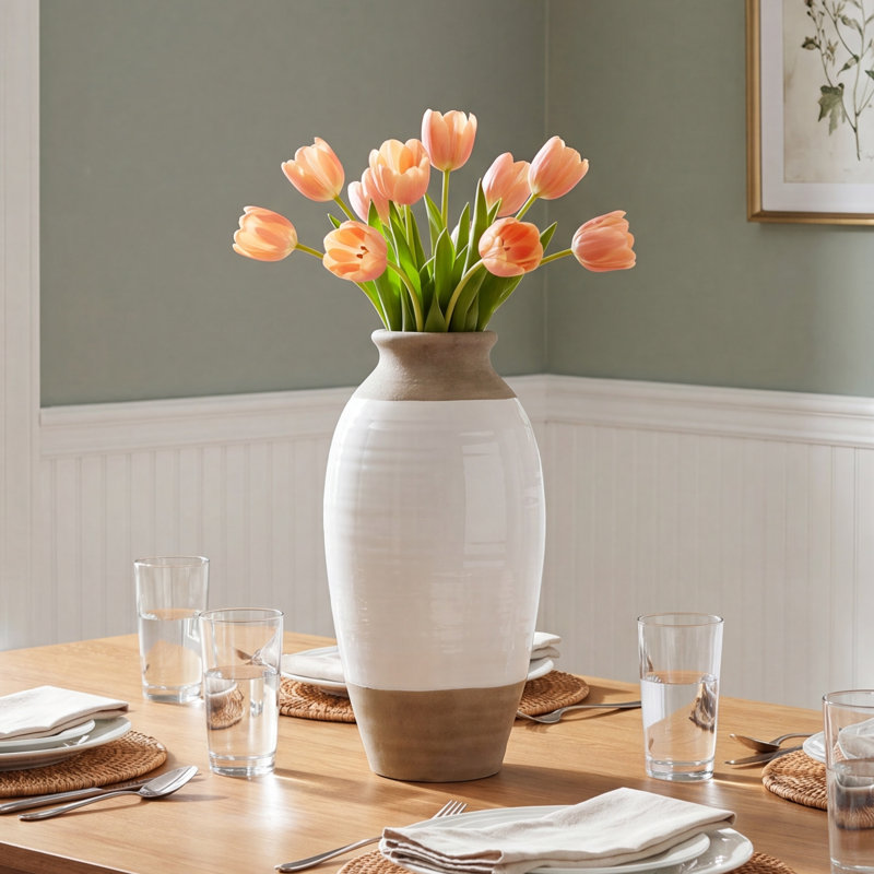 Cove Ceramic Decorative Vase with White and Gray Finish