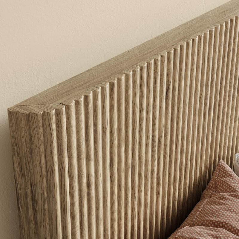 Queen Bed Frame With Headboard, Mid Century Modern Fluted Platform Bed, Boho Wooden Bed Base No Box Spring Needed, Queen, Oak