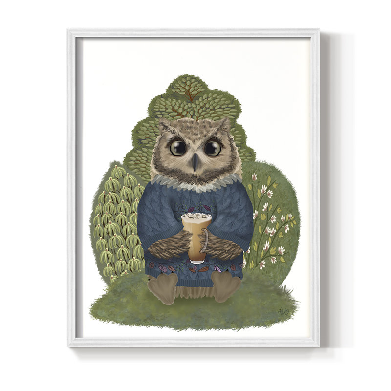 Latte Owl dans un chandail, reproduction encadrée - bois massif, Blanc, H 14 po x l 11 po