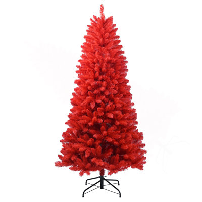 Arbre de Noël rouge de 4 pi - arbre en PVC rouge pur avec 456 pointes, branches articulées pour une installation facile, support en métal stable, décoration audacieuse des Fêtes