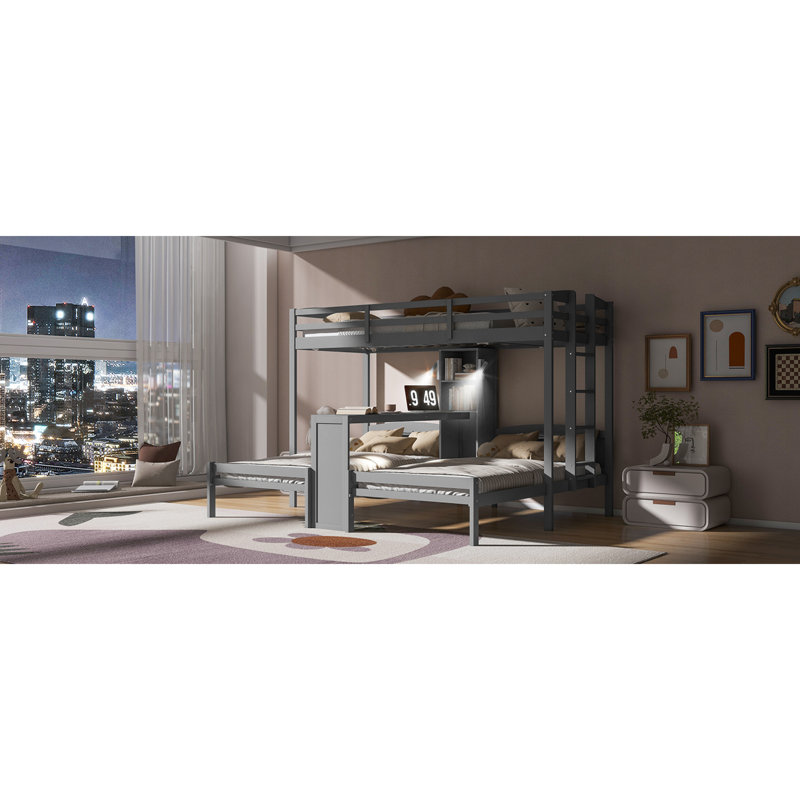 Lits multifonctionnels en bois gris avec bureau et rangement intégrés